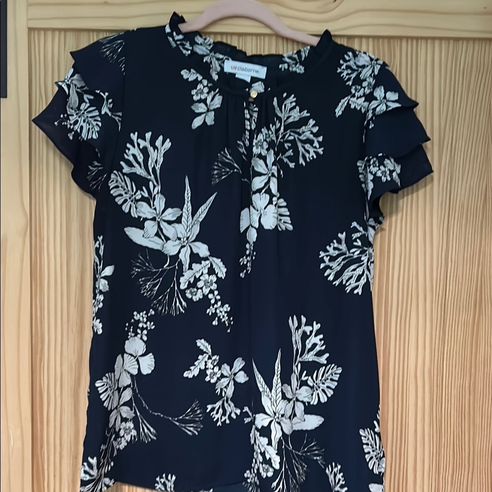 Liz Claiborne Blue Ruffled Short Sleeve Blouse